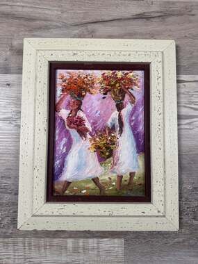 Original Framed Oil Painting Women Carrying Flowers Impasto Folk Art Wall Decor